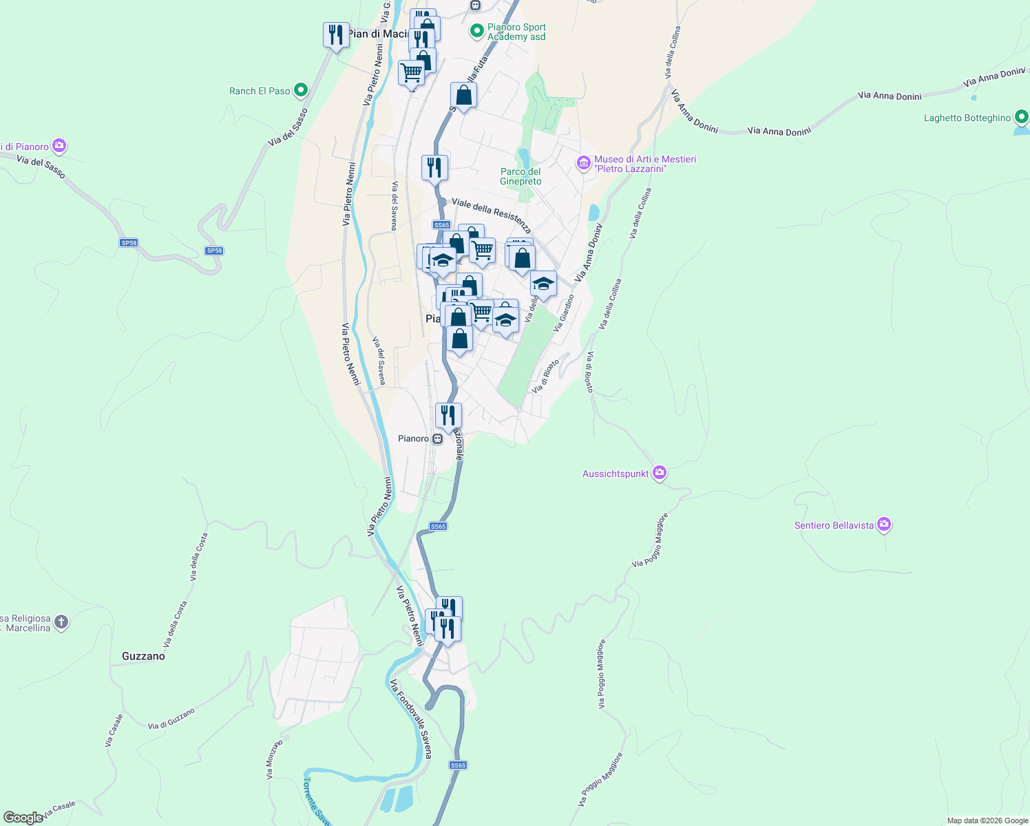 map of restaurants, bars, coffee shops, grocery stores, and more near 21 Via Giacomo Leopardi in Pianoro
