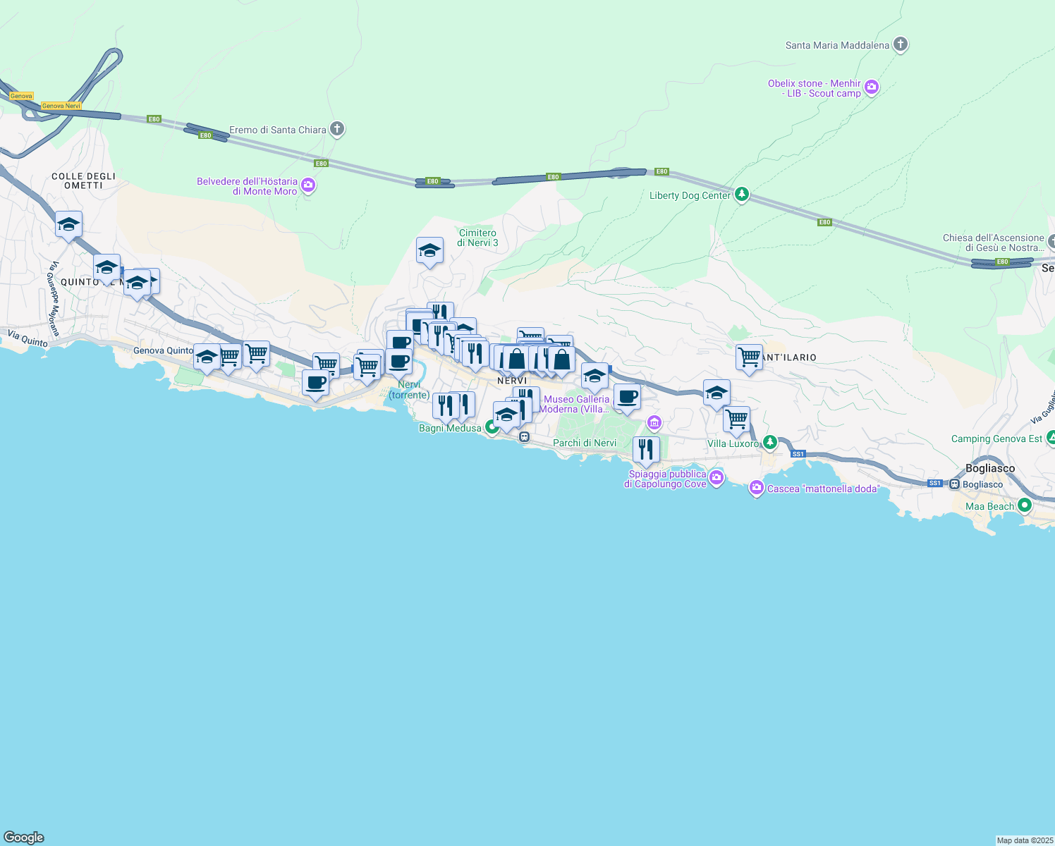 map of restaurants, bars, coffee shops, grocery stores, and more near 1 Via Val Cismon in Genova