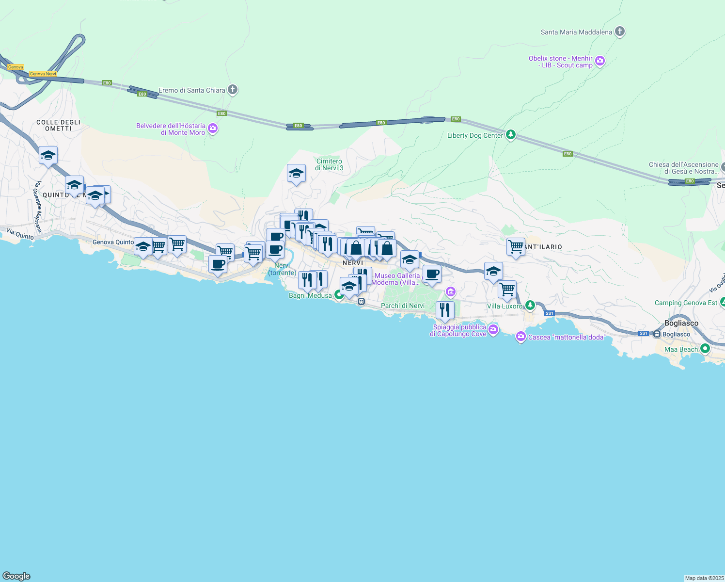 map of restaurants, bars, coffee shops, grocery stores, and more near 1 Via Val Cismon in Genova