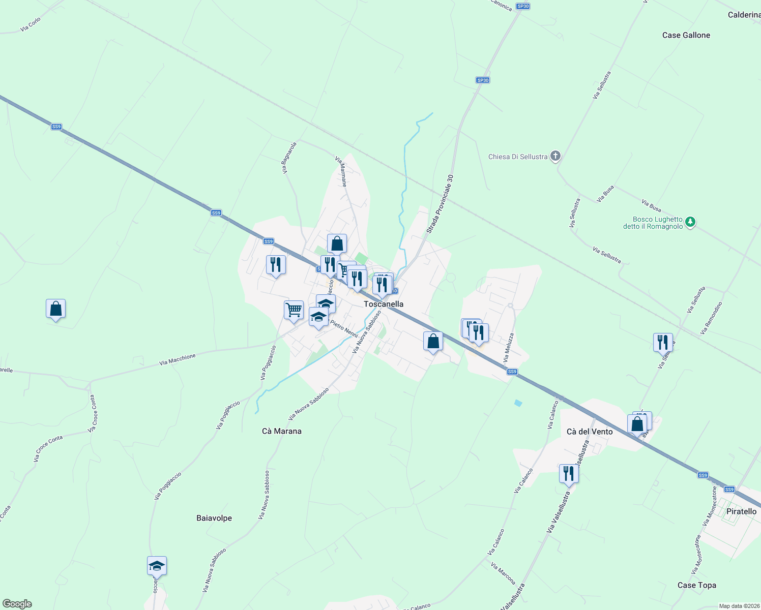 map of restaurants, bars, coffee shops, grocery stores, and more near 78 Via Nuova Sabbioso in Toscanella