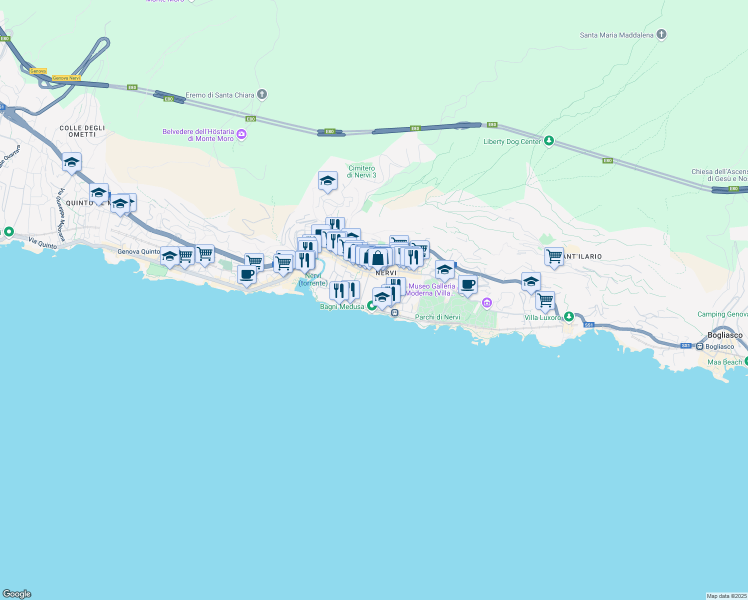 map of restaurants, bars, coffee shops, grocery stores, and more near 28 Passeggiata Anita Garibaldi in Genova