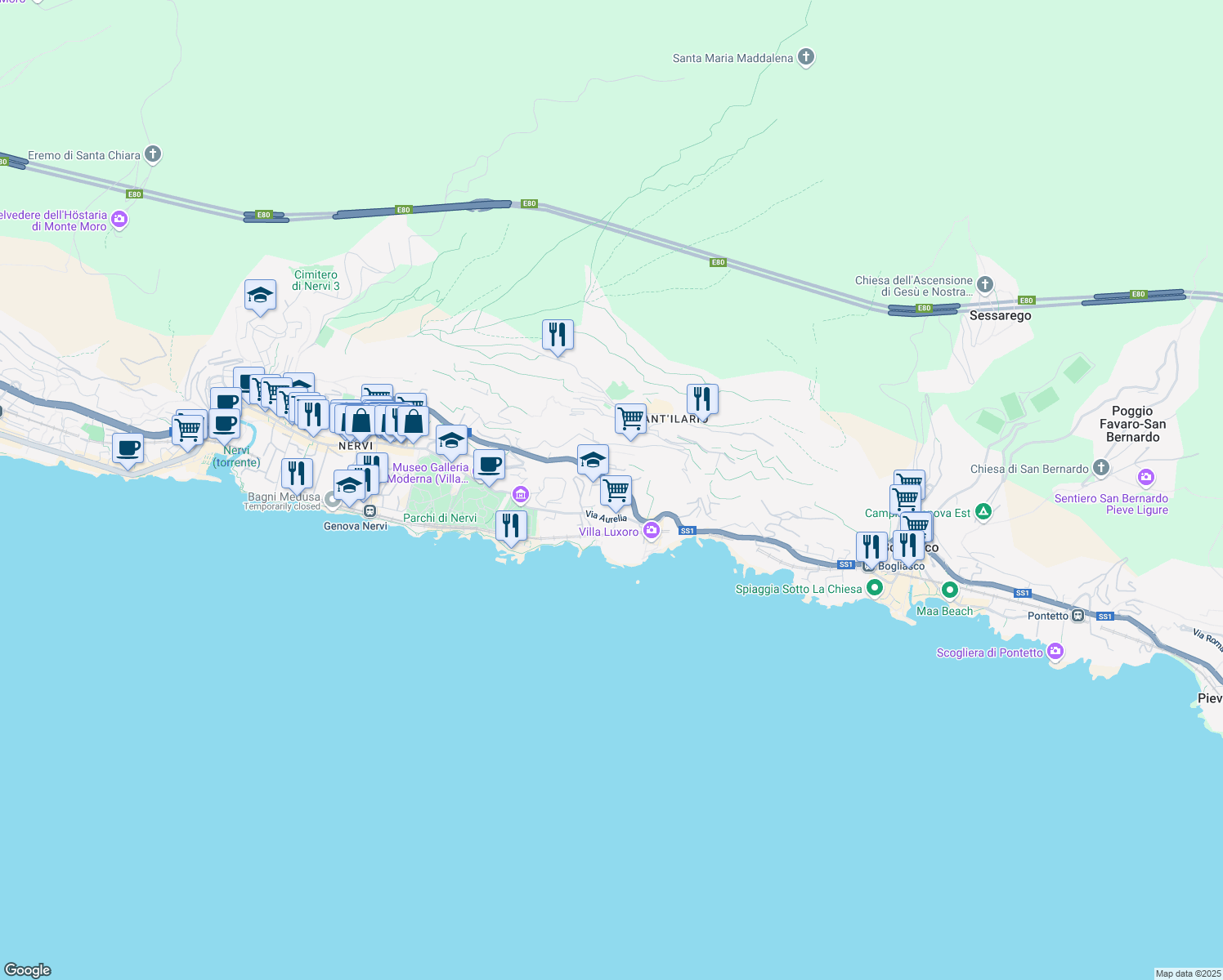 map of restaurants, bars, coffee shops, grocery stores, and more near 9 Via inferiore alla Chiesa di Sant'Ilario in Genova