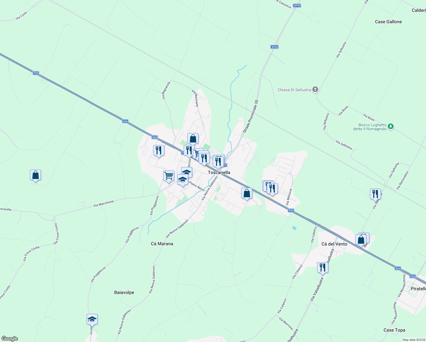 map of restaurants, bars, coffee shops, grocery stores, and more near 78 Via Nuova Sabbioso in Toscanella