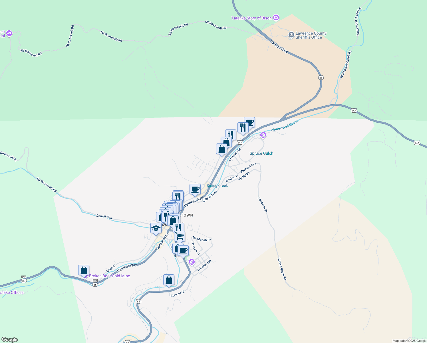 map of restaurants, bars, coffee shops, grocery stores, and more near 80 Williams Street in Deadwood
