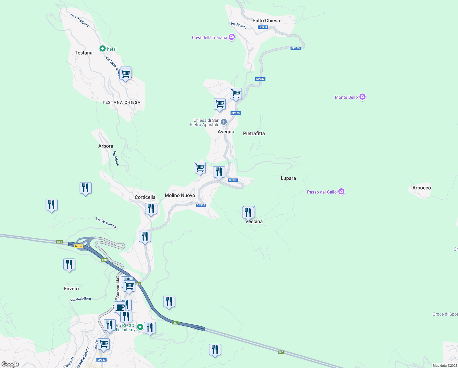 map of restaurants, bars, coffee shops, grocery stores, and more near 37 Strada Provinciale 333 di Uscio in Avegno