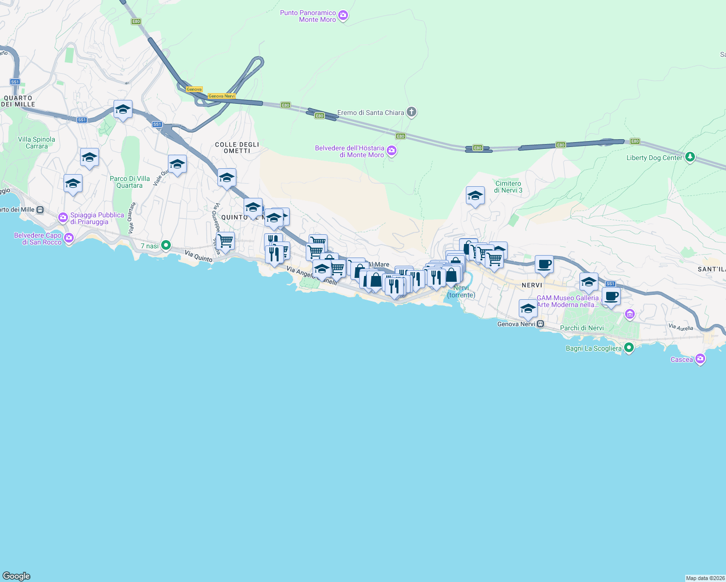map of restaurants, bars, coffee shops, grocery stores, and more near 150 Via Angelo Gianelli in Genova