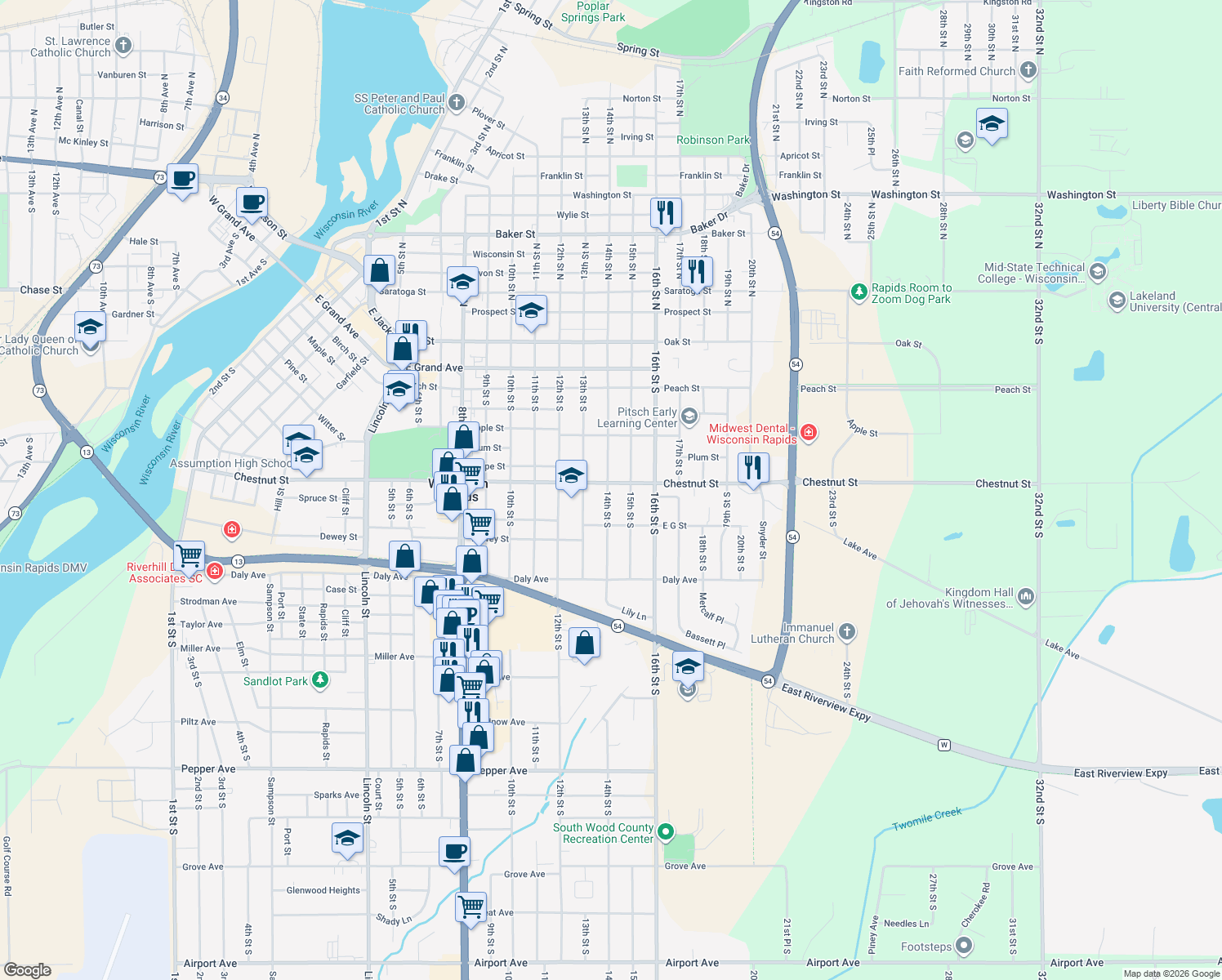map of restaurants, bars, coffee shops, grocery stores, and more near 1410 Chestnut Street in Wisconsin Rapids