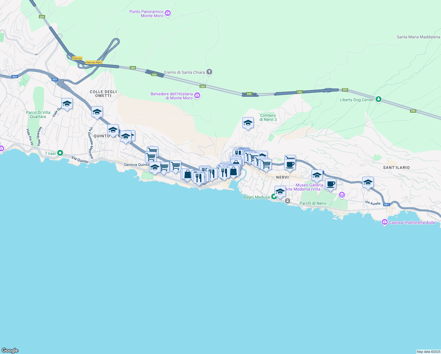 map of restaurants, bars, coffee shops, grocery stores, and more near Via Santa Maria Assunta di Nervi in Genoa