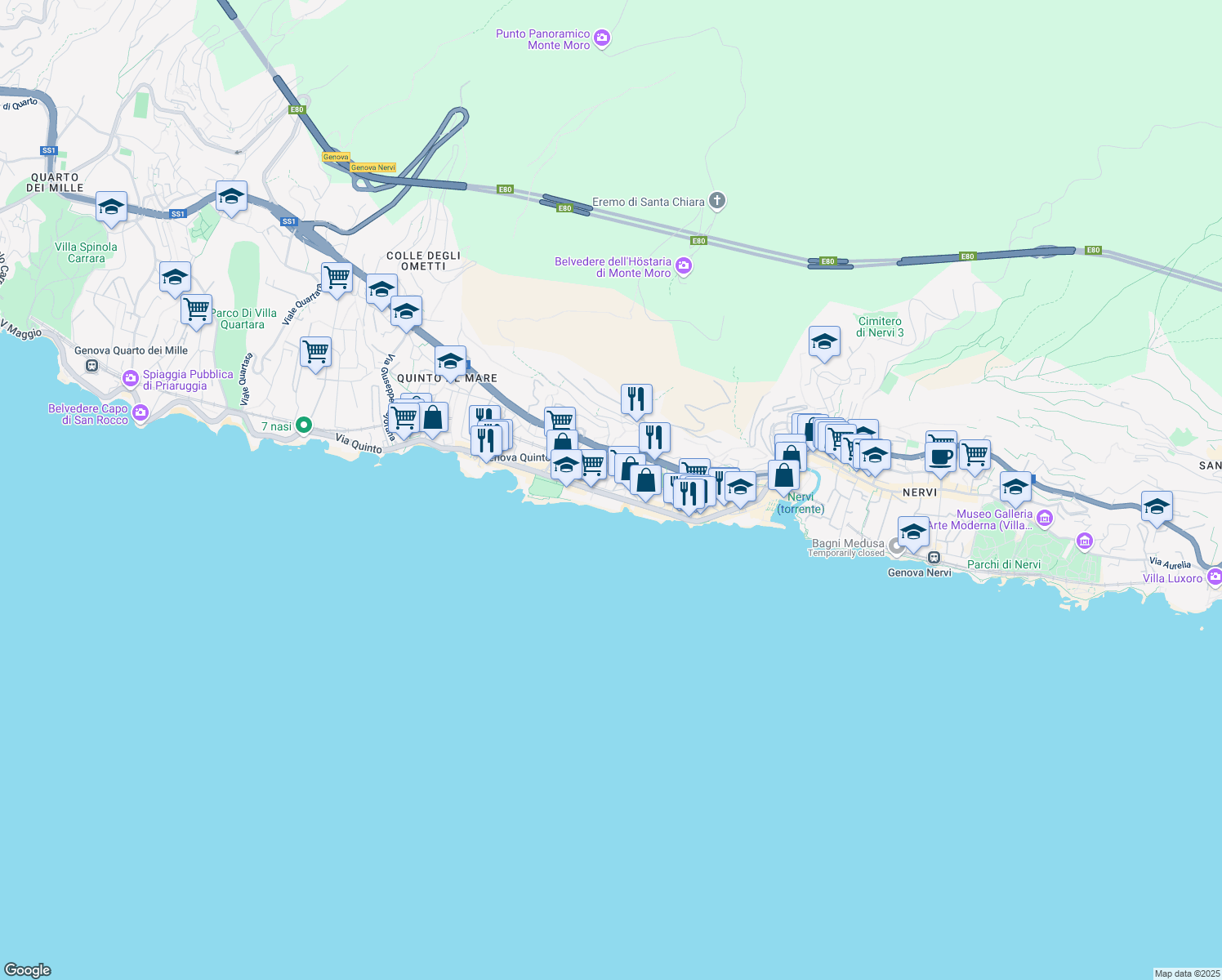 map of restaurants, bars, coffee shops, grocery stores, and more near 150 Via Angelo Gianelli in Genova