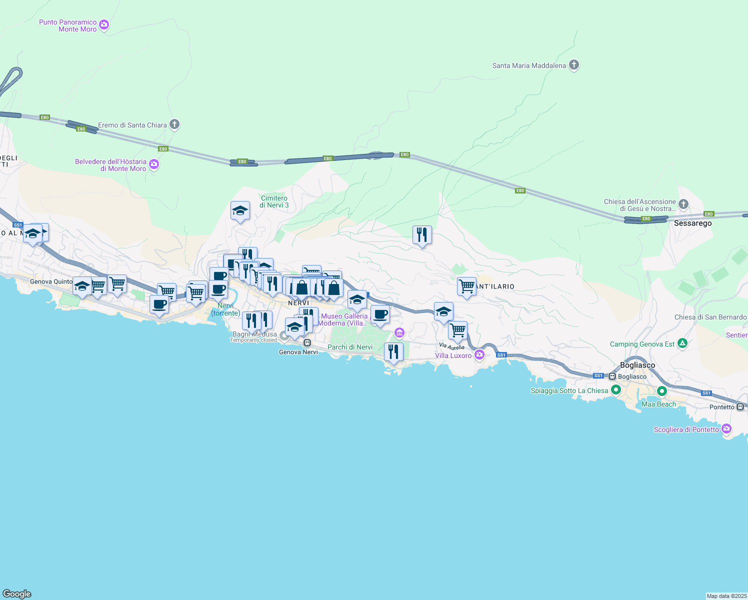 map of restaurants, bars, coffee shops, grocery stores, and more near in Genoa