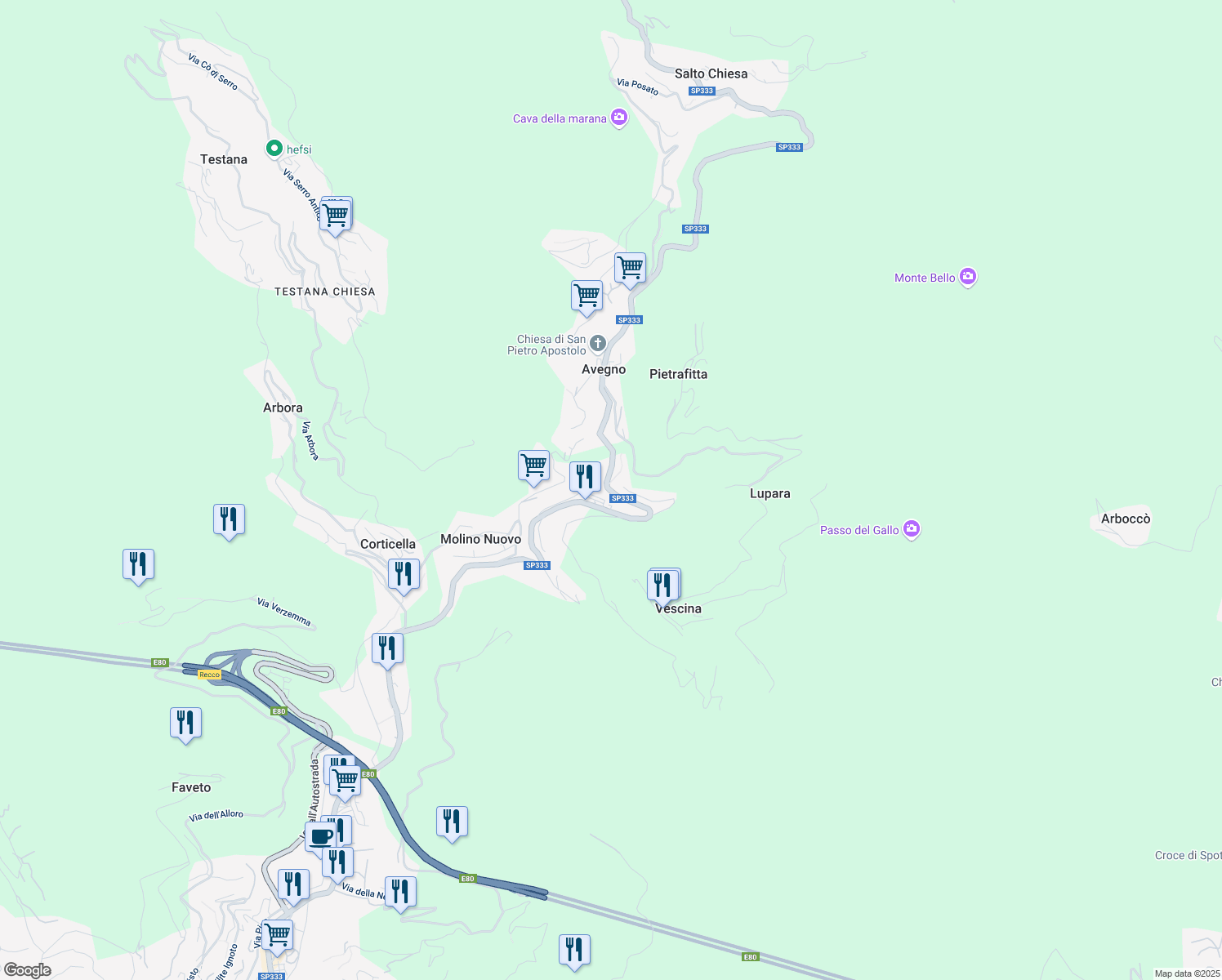 map of restaurants, bars, coffee shops, grocery stores, and more near 37 Strada Provinciale 333 di Uscio in Città Metropolitana di Genova