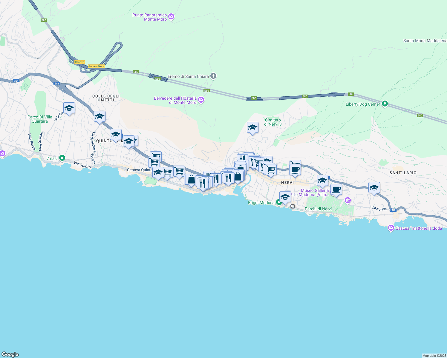 map of restaurants, bars, coffee shops, grocery stores, and more near Via Santa Maria Assunta di Nervi in Genoa