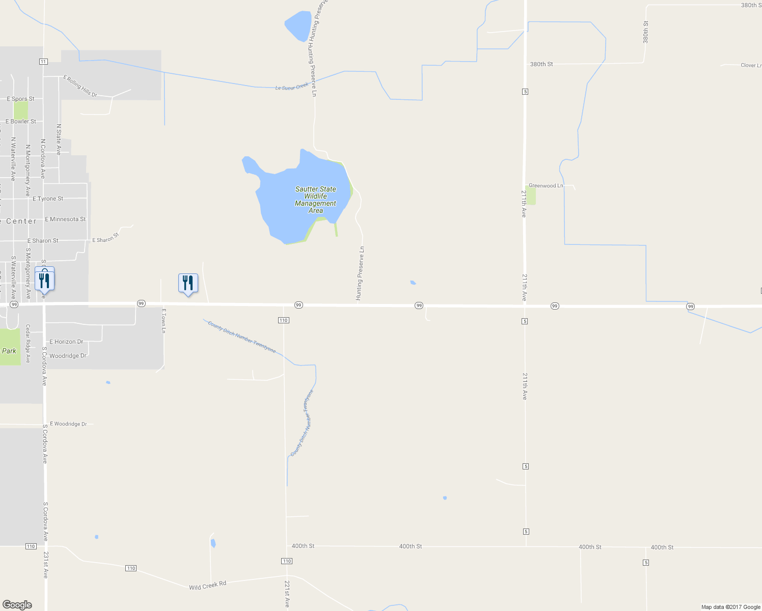 map of restaurants, bars, coffee shops, grocery stores, and more near 21952 Minnesota 99 in Le Center