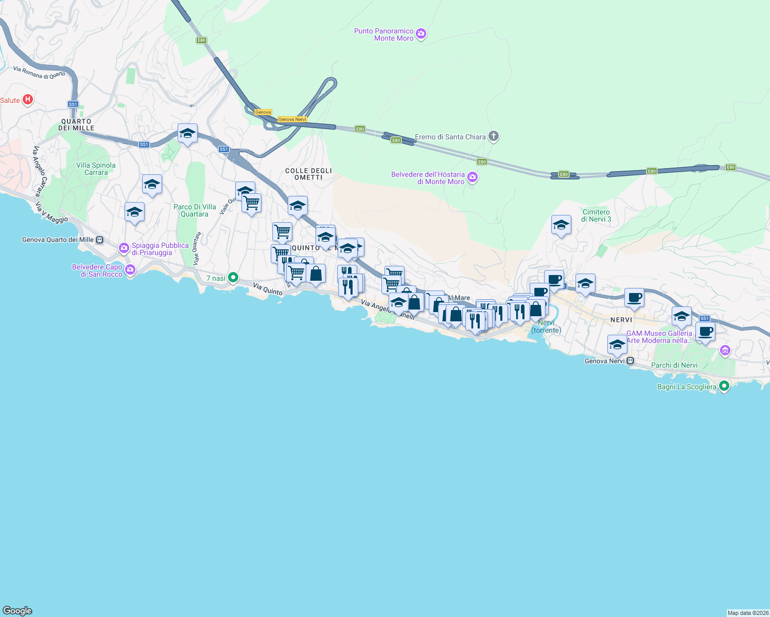 map of restaurants, bars, coffee shops, grocery stores, and more near 16 Via Fabio Filzi in Genova Quinto al mare
