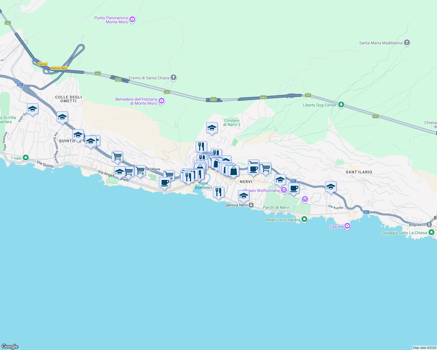 map of restaurants, bars, coffee shops, grocery stores, and more near 155 Via Guglielmo Oberdan in Genova