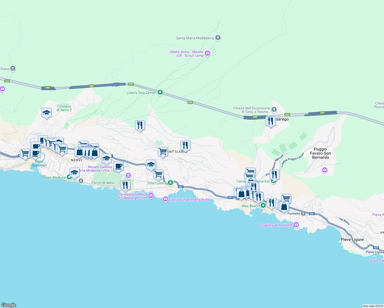 map of restaurants, bars, coffee shops, grocery stores, and more near 5 Via del Pendicollo in Genova