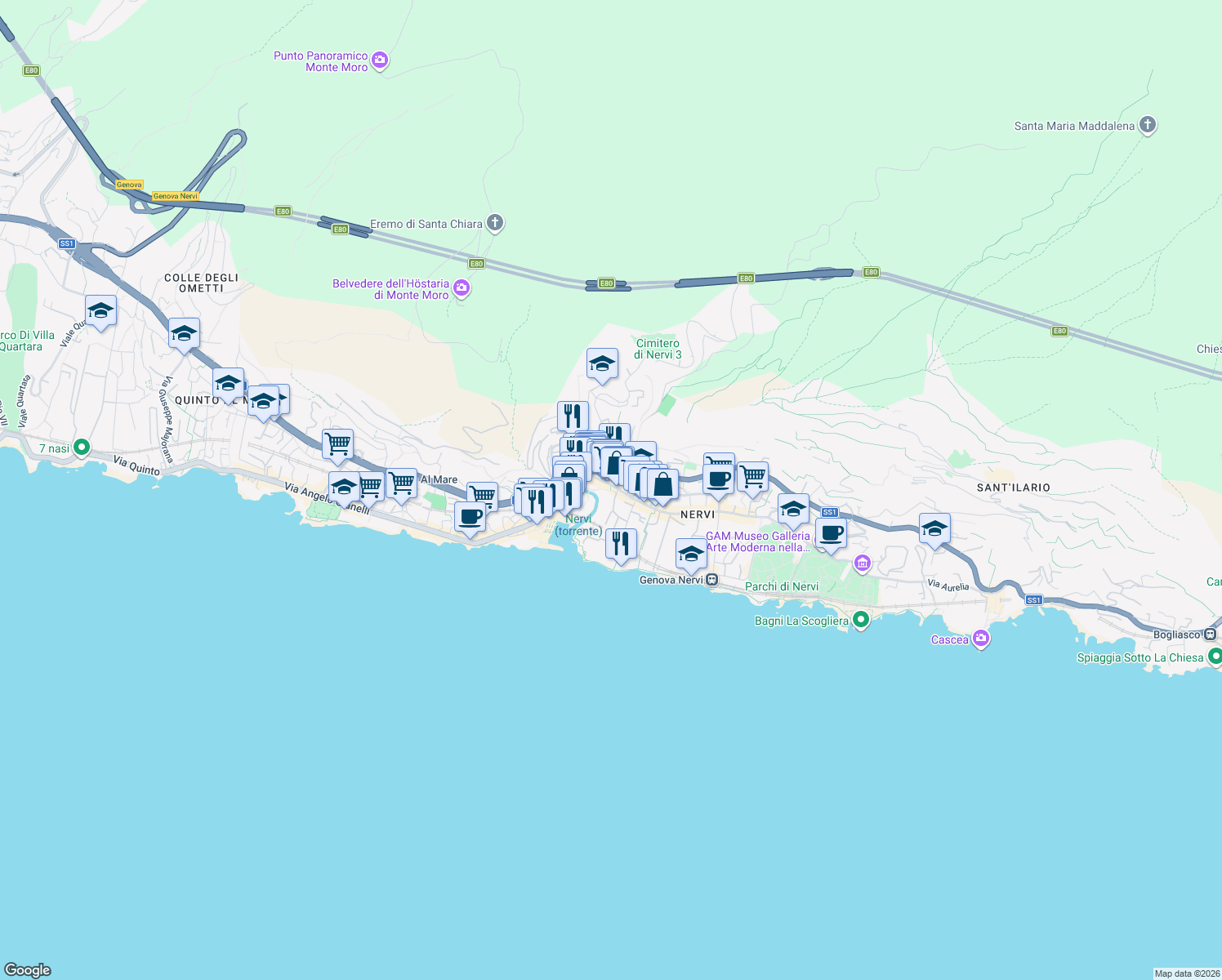 map of restaurants, bars, coffee shops, grocery stores, and more near 155 Via Guglielmo Oberdan in Genova