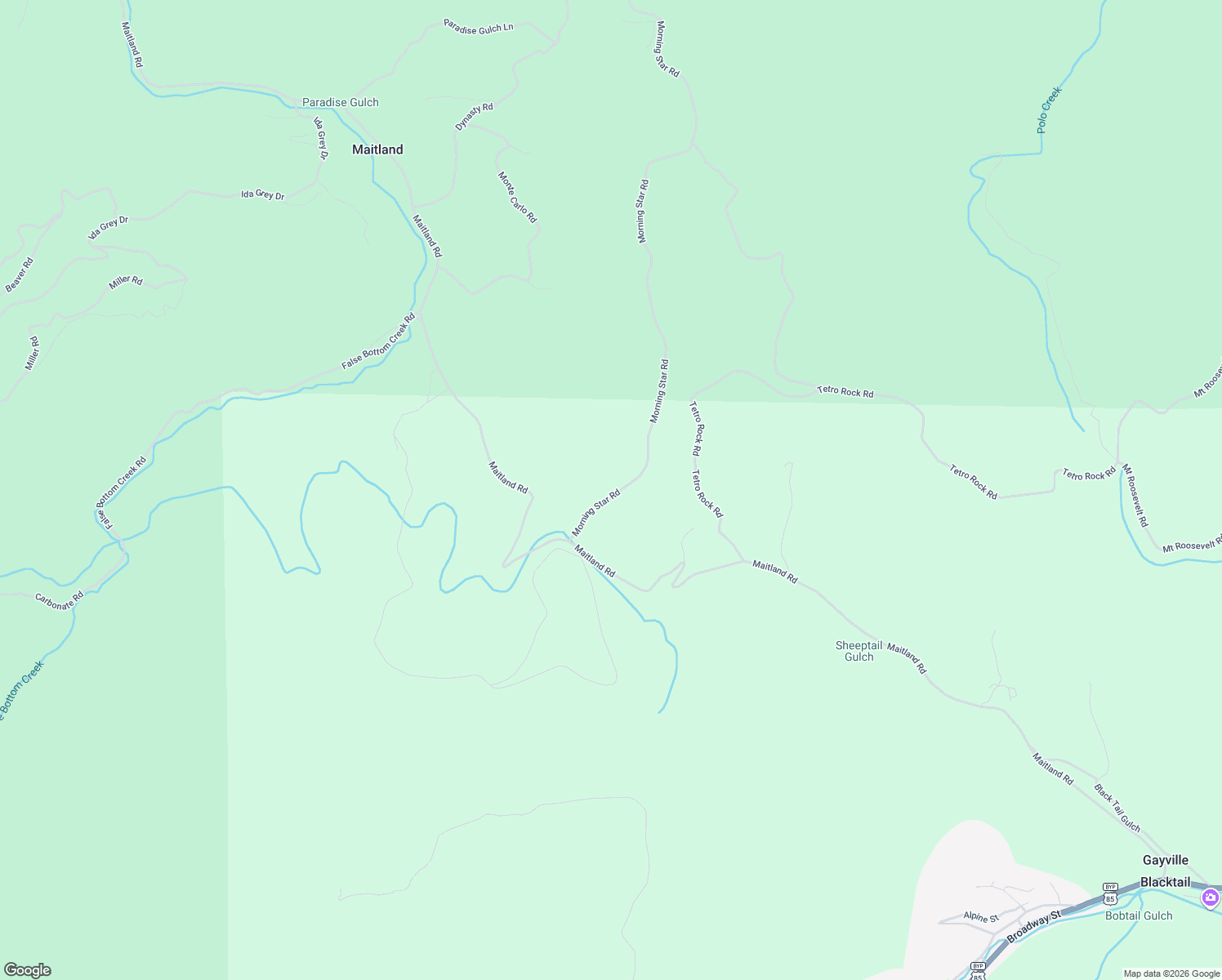 map of restaurants, bars, coffee shops, grocery stores, and more near Maitland Road in Lead