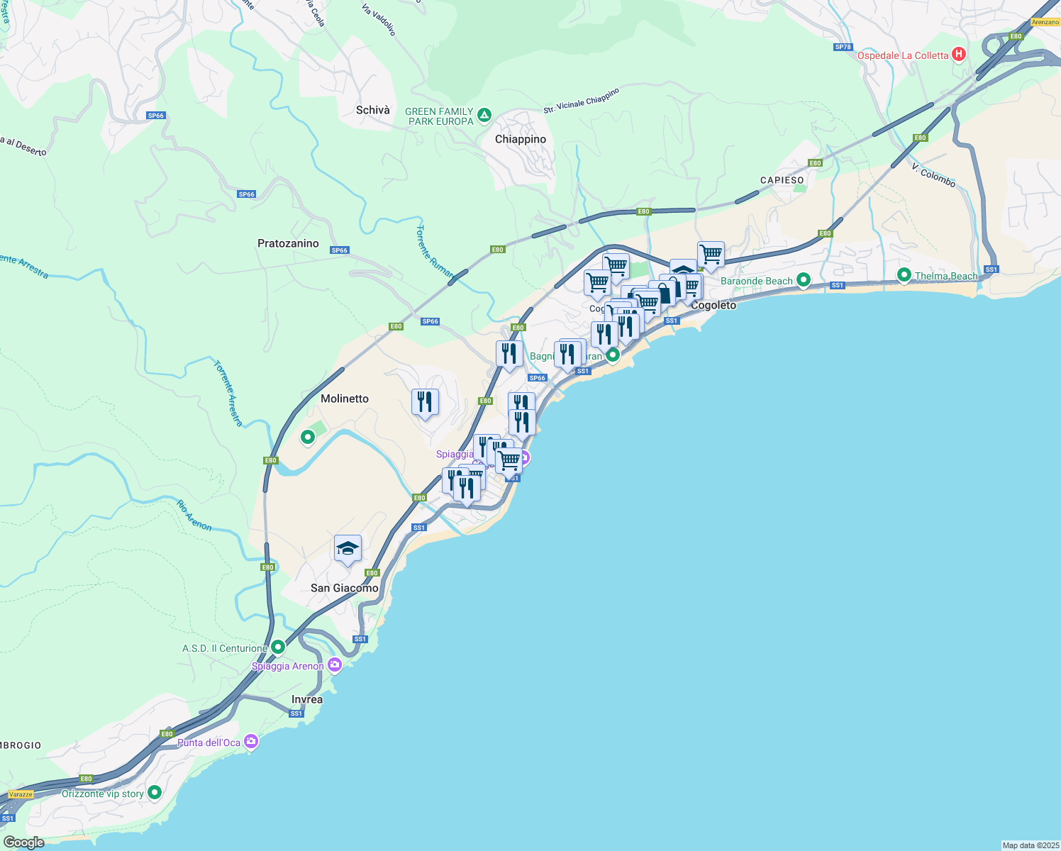map of restaurants, bars, coffee shops, grocery stores, and more near 8 Strada Statale 1 in Cogoleto