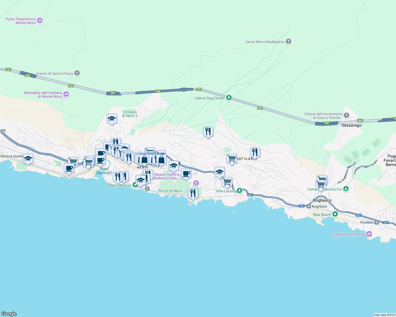 map of restaurants, bars, coffee shops, grocery stores, and more near 10 Via Erze in Genova