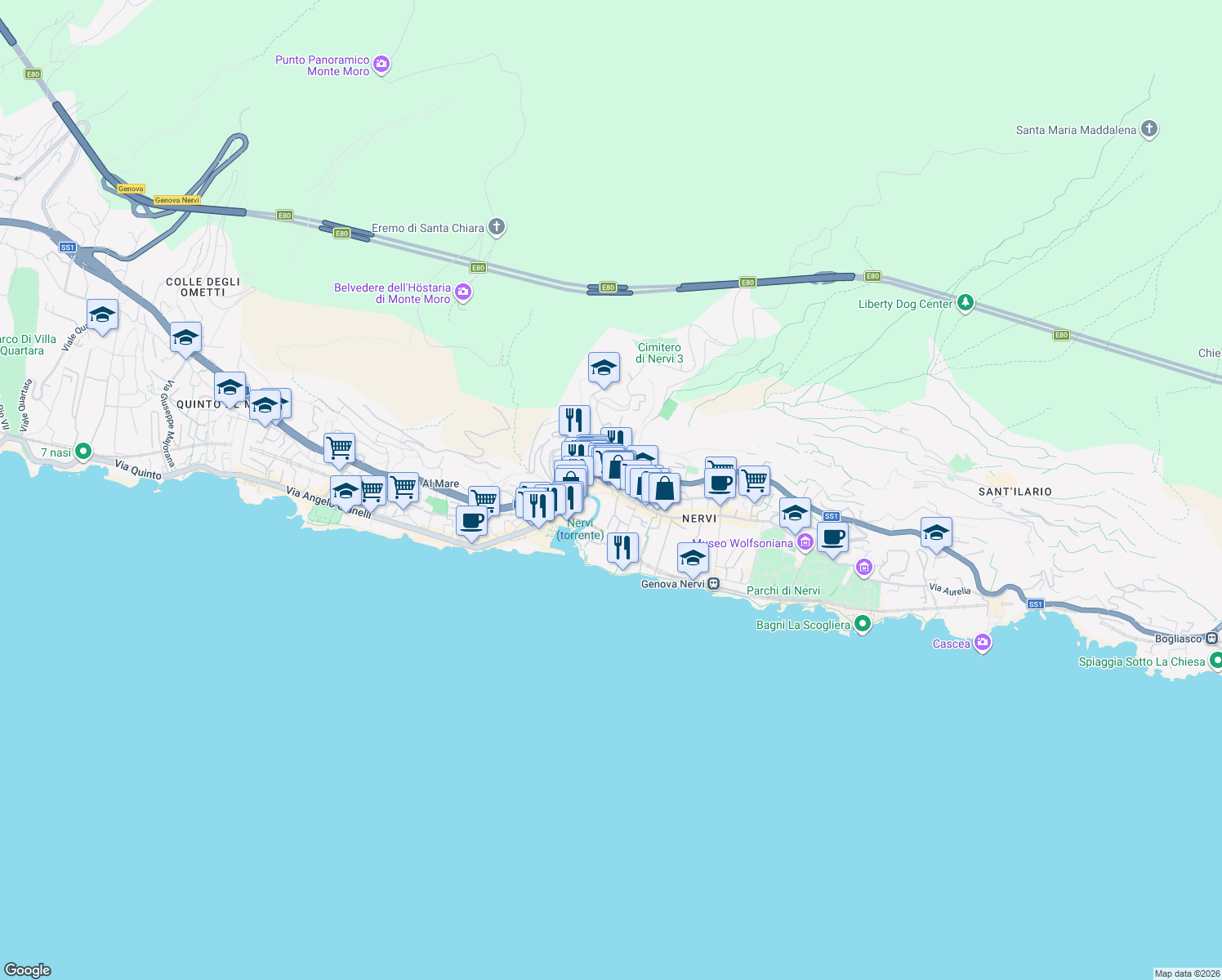 map of restaurants, bars, coffee shops, grocery stores, and more near 155 Via Guglielmo Oberdan in Genova