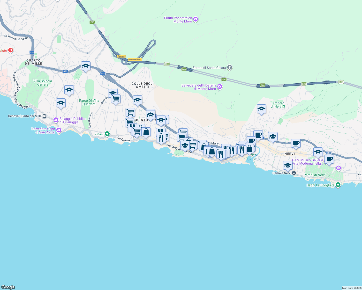 map of restaurants, bars, coffee shops, grocery stores, and more near 16 Via Fabio Filzi in Genova