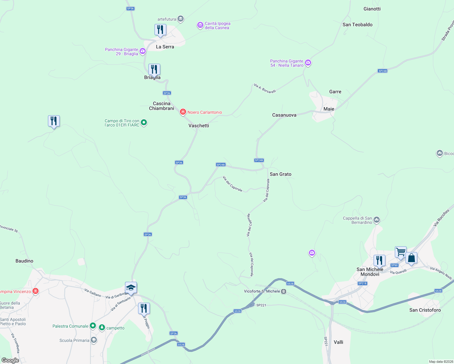 map of restaurants, bars, coffee shops, grocery stores, and more near 14 Via del Caporale in Provincia di Cuneo