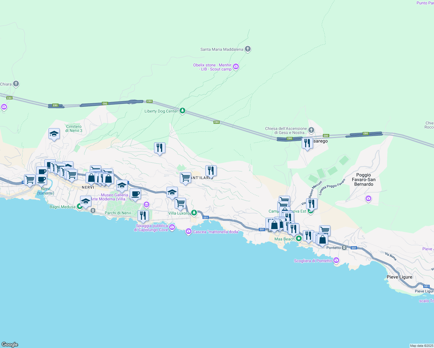 map of restaurants, bars, coffee shops, grocery stores, and more near 5 Via del Pendicollo in Genova