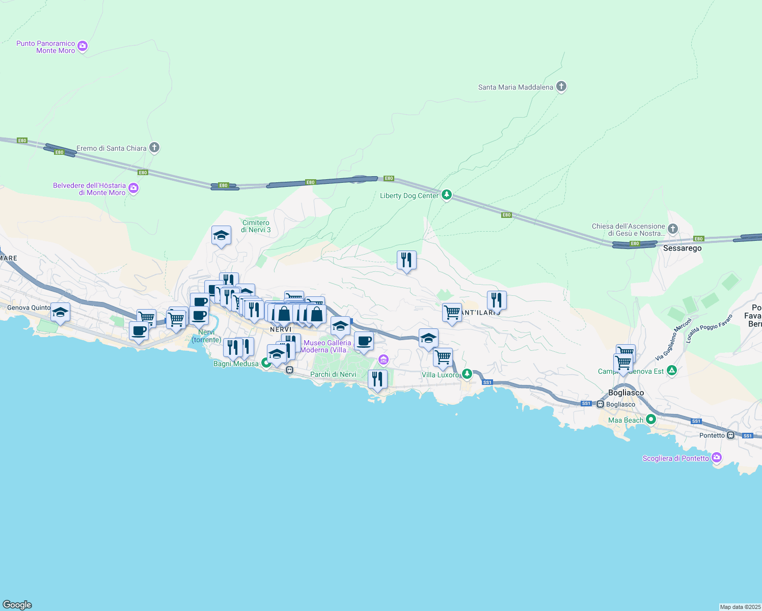 map of restaurants, bars, coffee shops, grocery stores, and more near 10 Via Erze in Genova