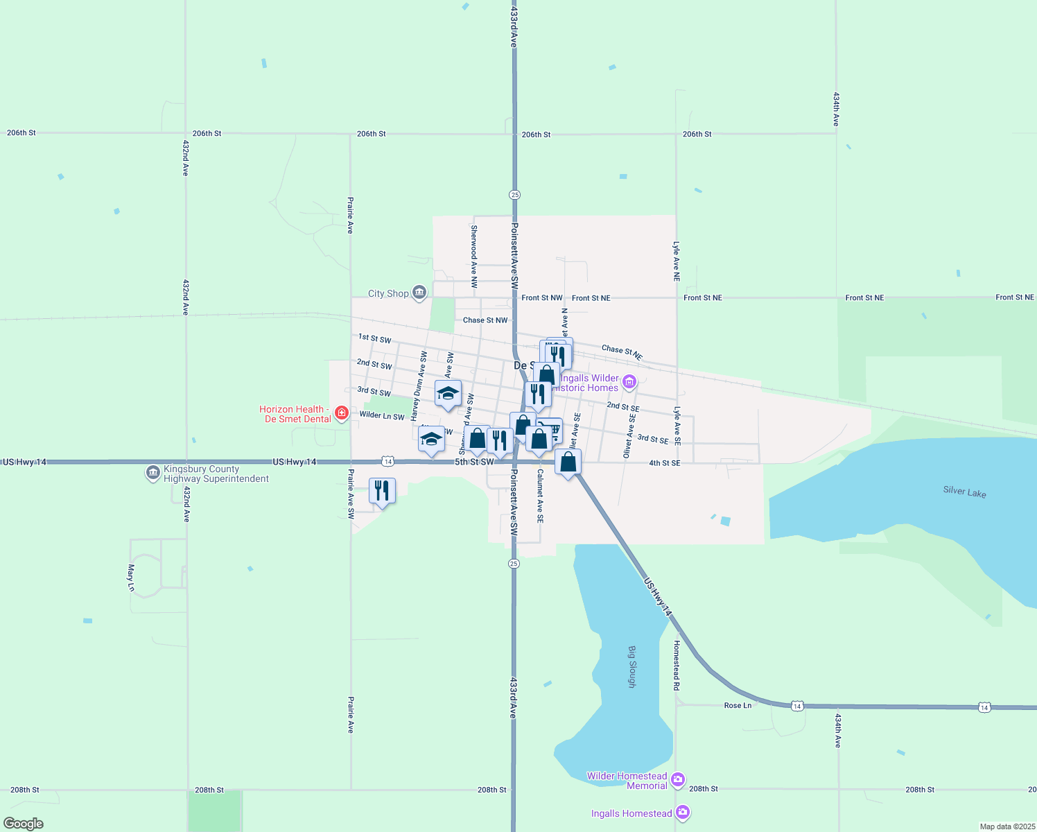 map of restaurants, bars, coffee shops, grocery stores, and more near 210 3rd Street Southwest in De Smet