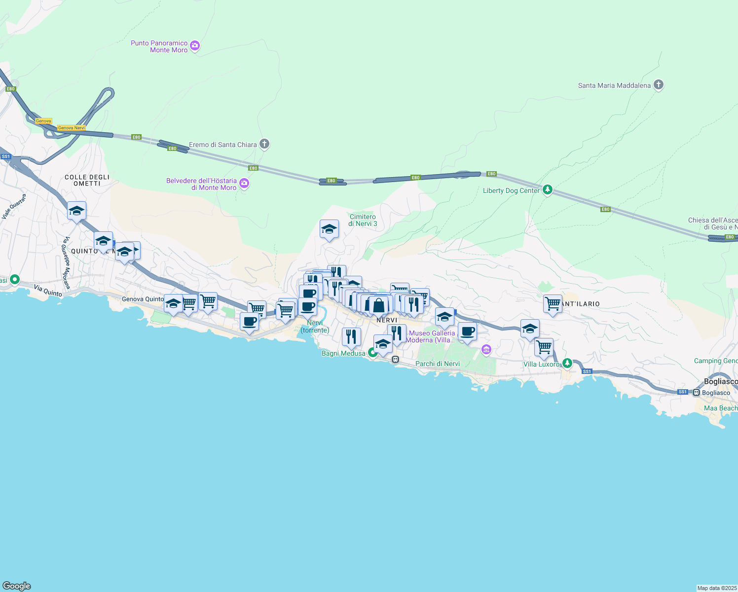 map of restaurants, bars, coffee shops, grocery stores, and more near Salita Maggiolo di Nervi in Genova
