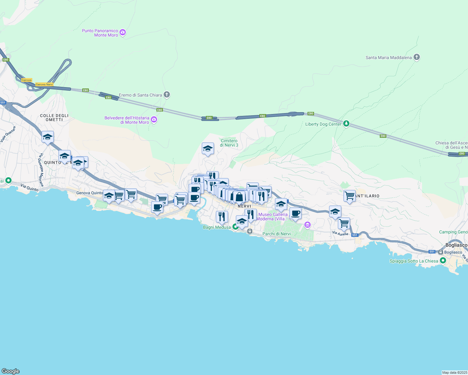 map of restaurants, bars, coffee shops, grocery stores, and more near Salita Maggiolo di Nervi in Genova