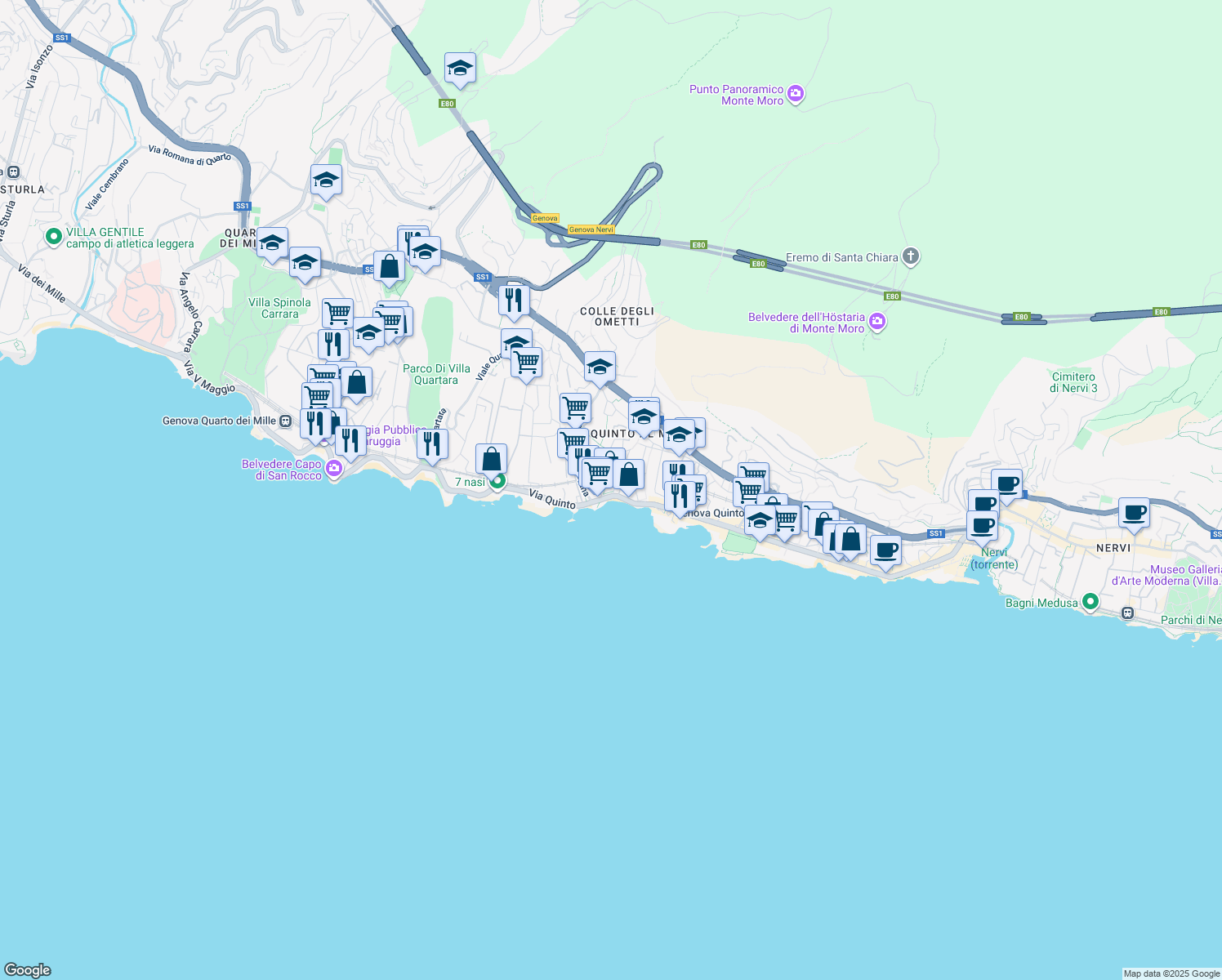 map of restaurants, bars, coffee shops, grocery stores, and more near 19 Via Giuseppe Majorana in Genova