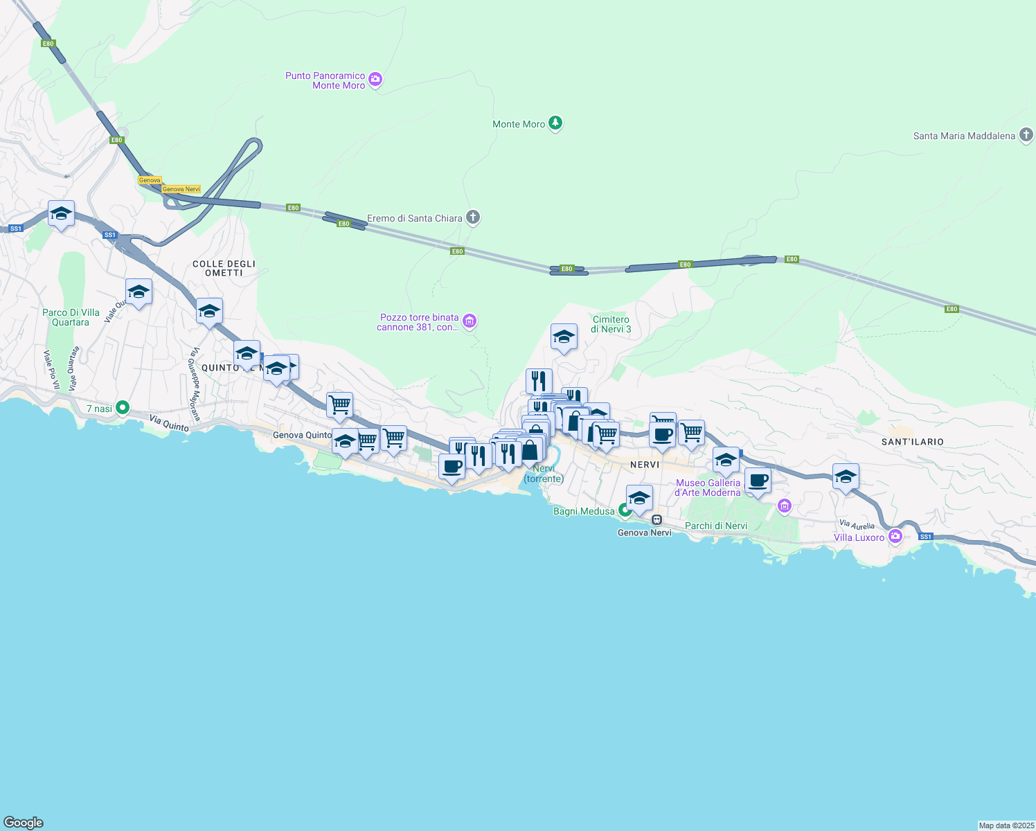 map of restaurants, bars, coffee shops, grocery stores, and more near 83 Via Luigi Biasioli in Genova