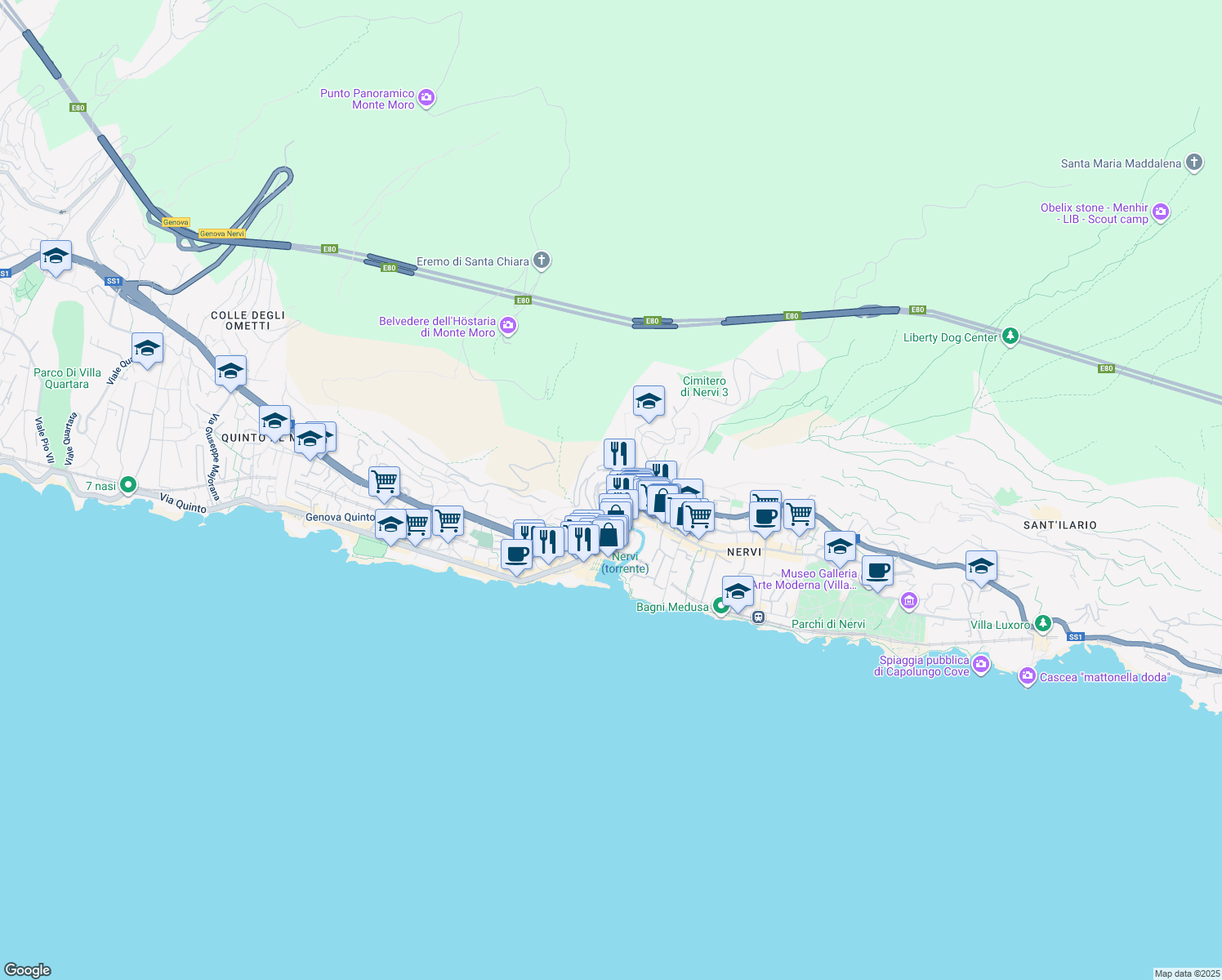 map of restaurants, bars, coffee shops, grocery stores, and more near 83 Via Luigi Biasioli in Genova