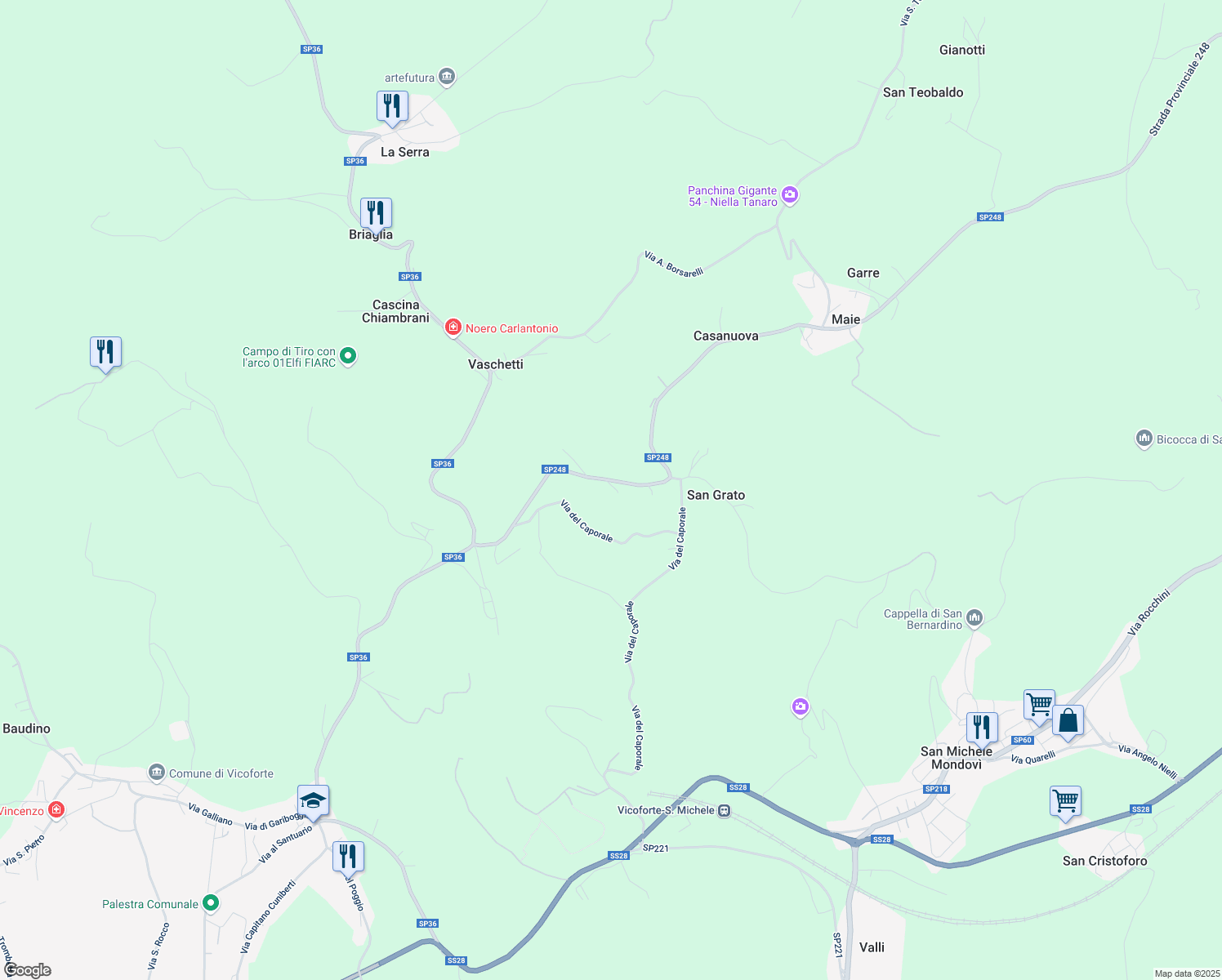 map of restaurants, bars, coffee shops, grocery stores, and more near 2 Via Niella Tanaro in Provincia di Cuneo