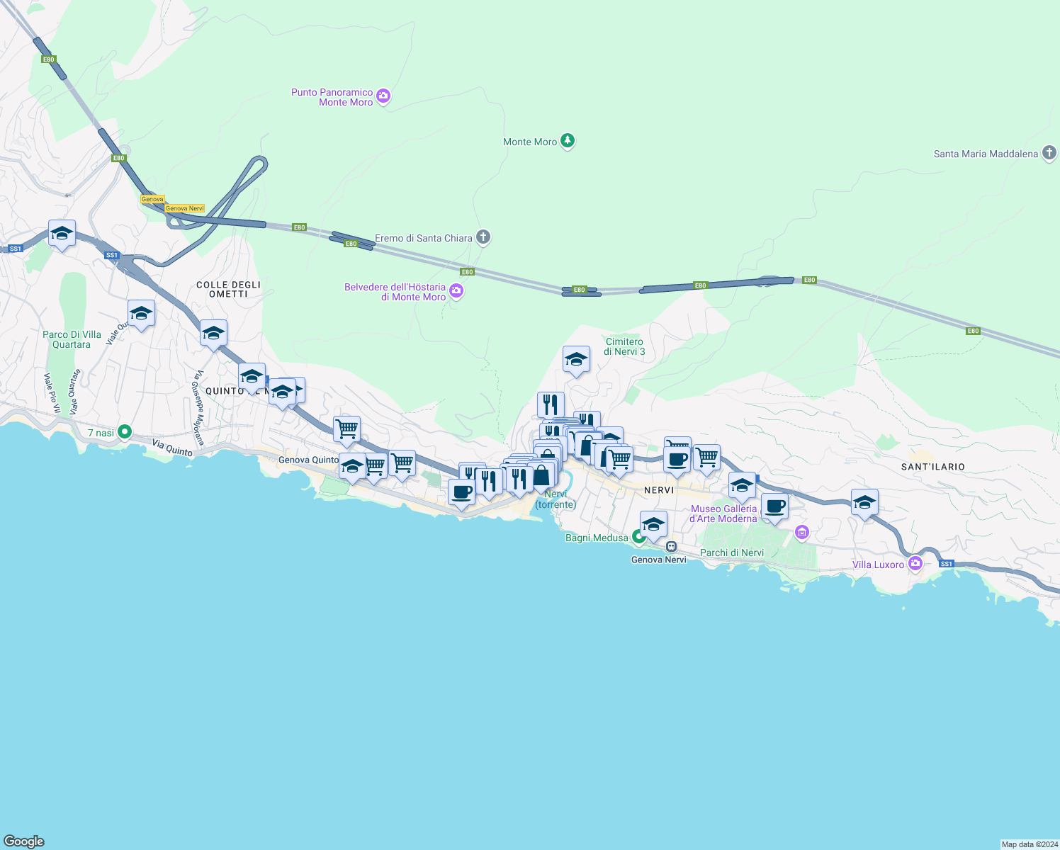 map of restaurants, bars, coffee shops, grocery stores, and more near 83 Via Luigi Biasioli in Genova