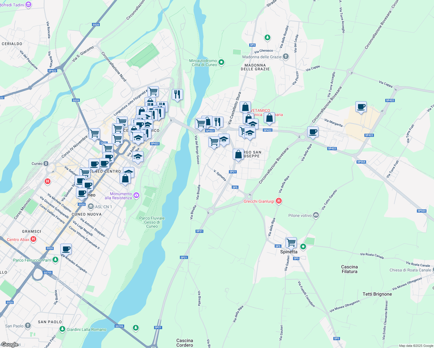 map of restaurants, bars, coffee shops, grocery stores, and more near 12 Via Spinetta in Cuneo