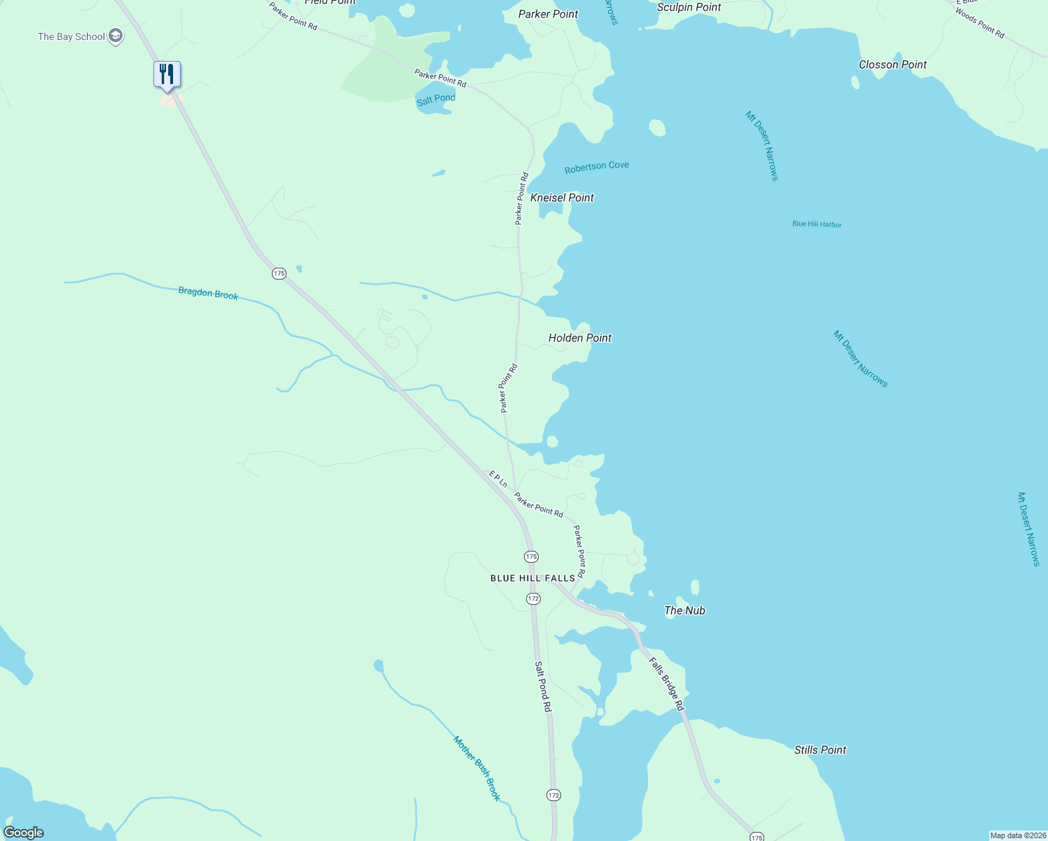 map of restaurants, bars, coffee shops, grocery stores, and more near 476 Parker Point Road in Blue Hill