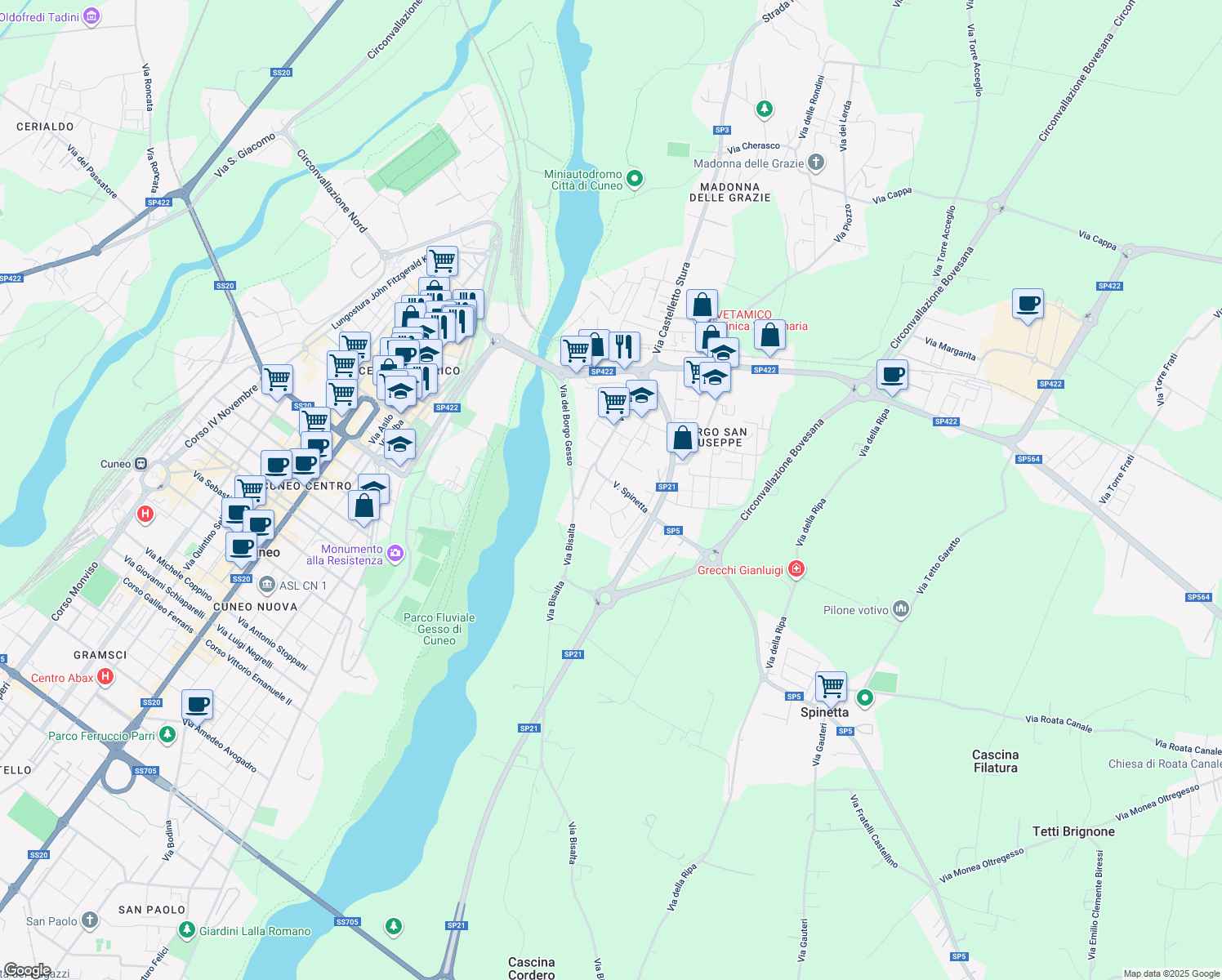 map of restaurants, bars, coffee shops, grocery stores, and more near 12 Via Spinetta in Cuneo