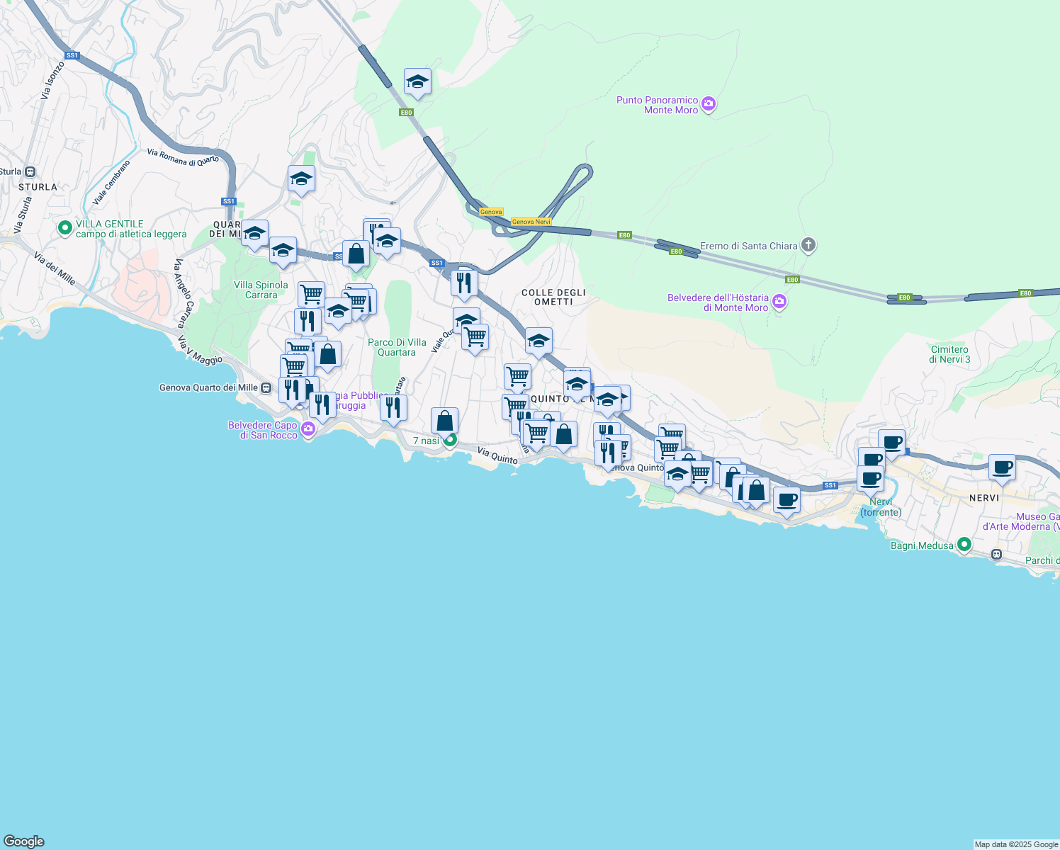 map of restaurants, bars, coffee shops, grocery stores, and more near 19 Via Giuseppe Majorana in Genoa