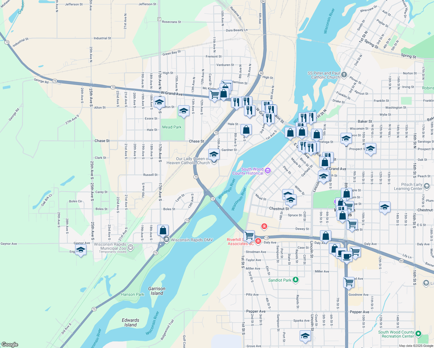 map of restaurants, bars, coffee shops, grocery stores, and more near 850 10th Avenue South in Wisconsin Rapids