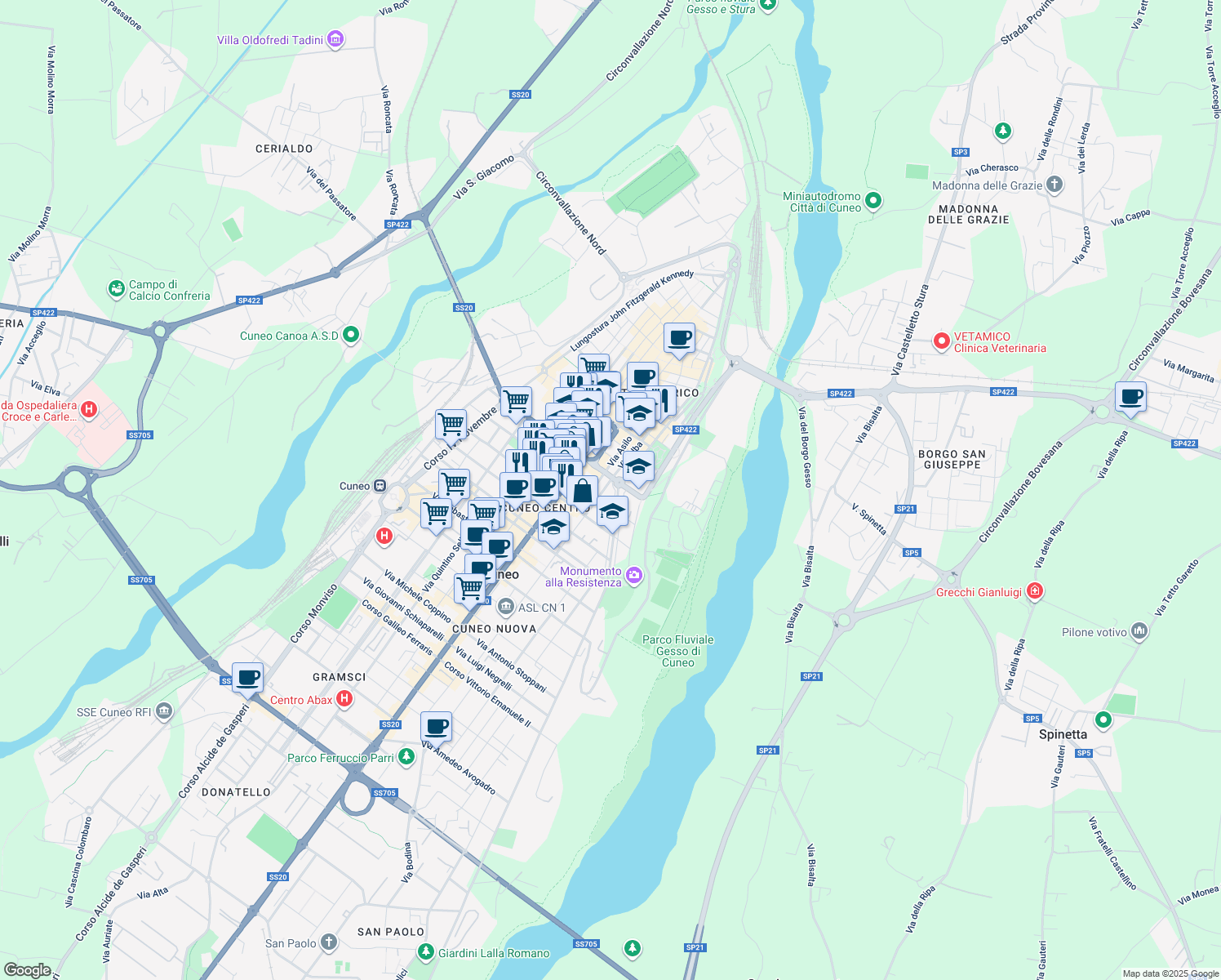 map of restaurants, bars, coffee shops, grocery stores, and more near 1 Via Luigi Gallo in Cuneo