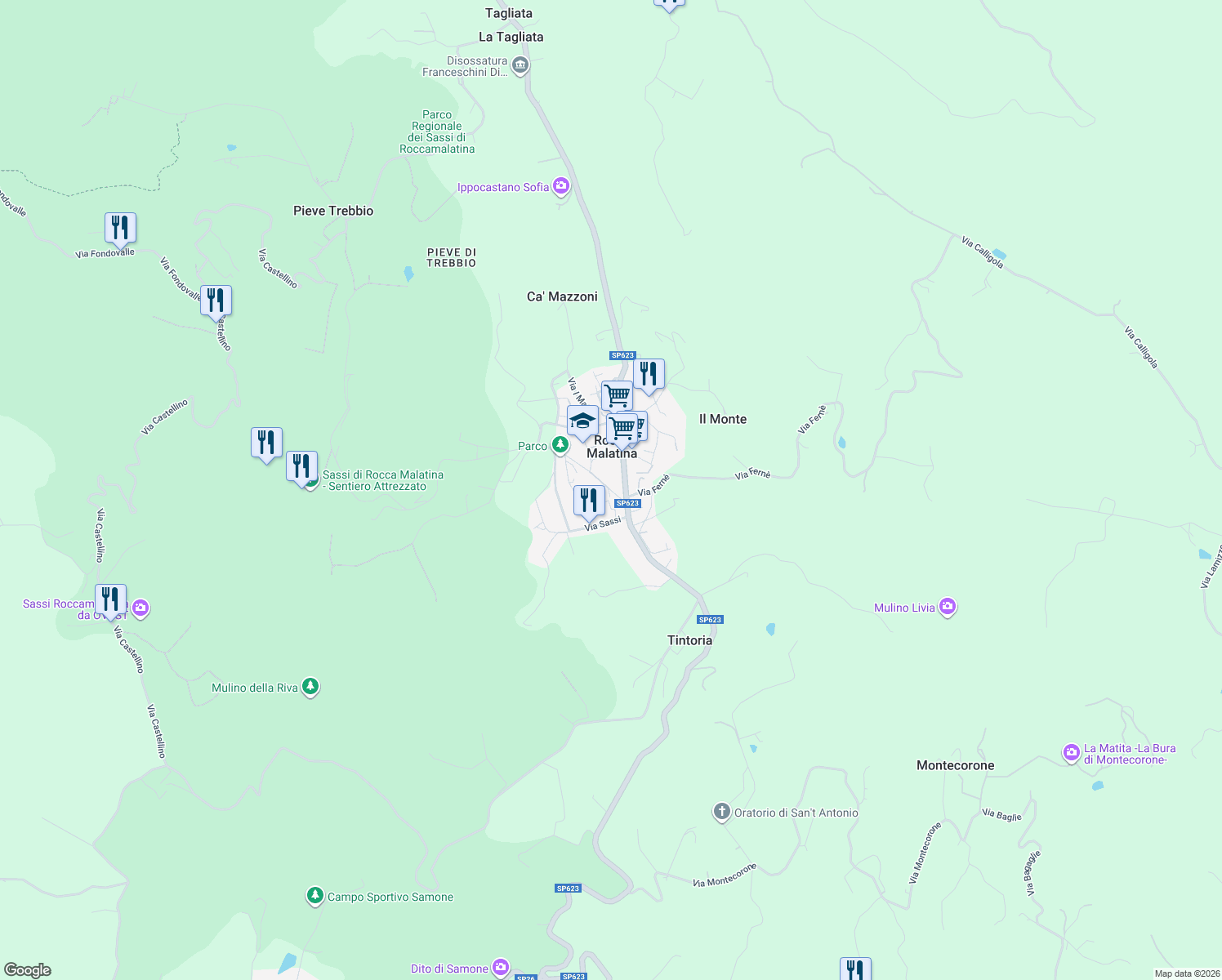 map of restaurants, bars, coffee shops, grocery stores, and more near 99 Via Ronzone in Rocca Malatina
