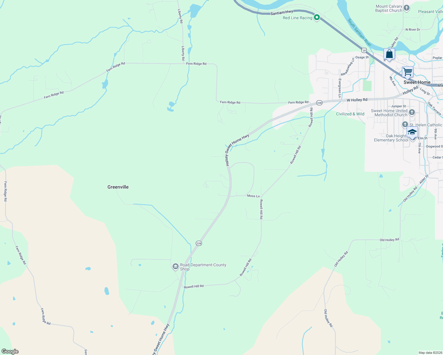 map of restaurants, bars, coffee shops, grocery stores, and more near 41023 Oregon 228 in Sweet Home
