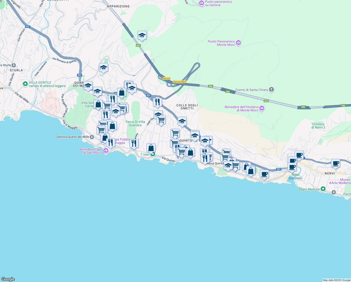 map of restaurants, bars, coffee shops, grocery stores, and more near 22 Via Giuseppe Majorana in Genova
