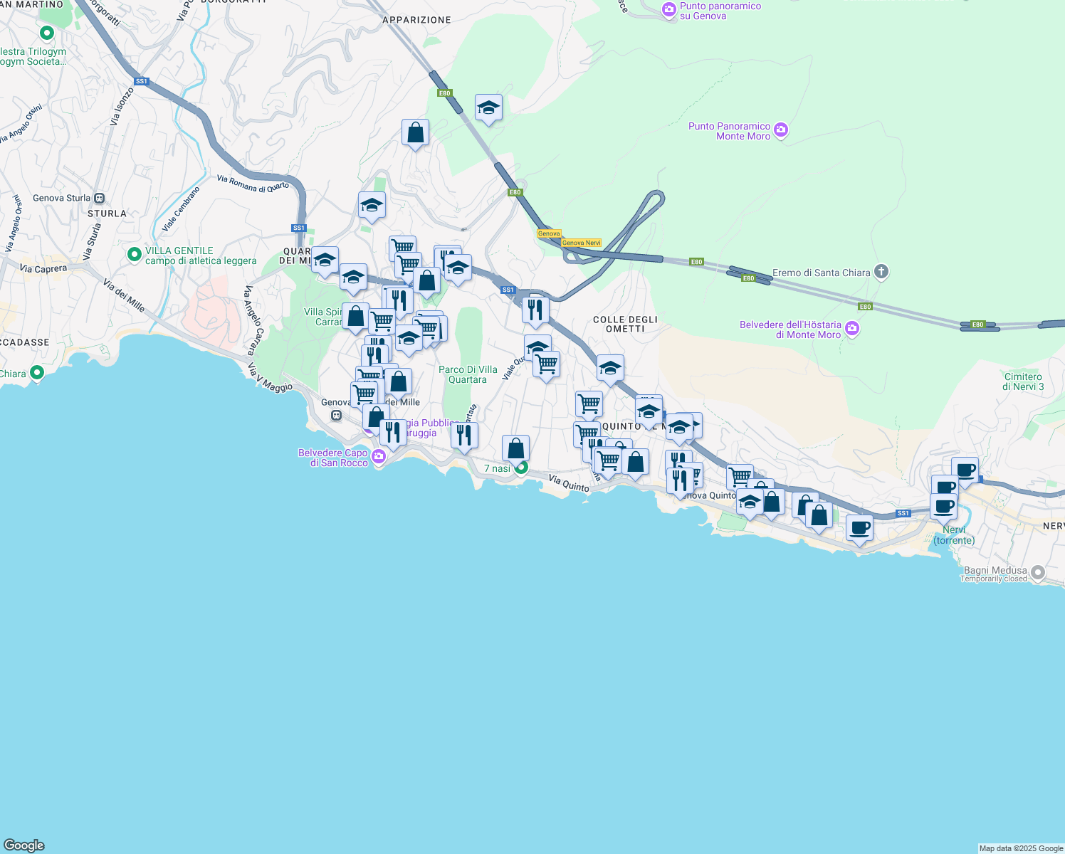 map of restaurants, bars, coffee shops, grocery stores, and more near Viale Ponte dell'Ammiraglio in Genoa