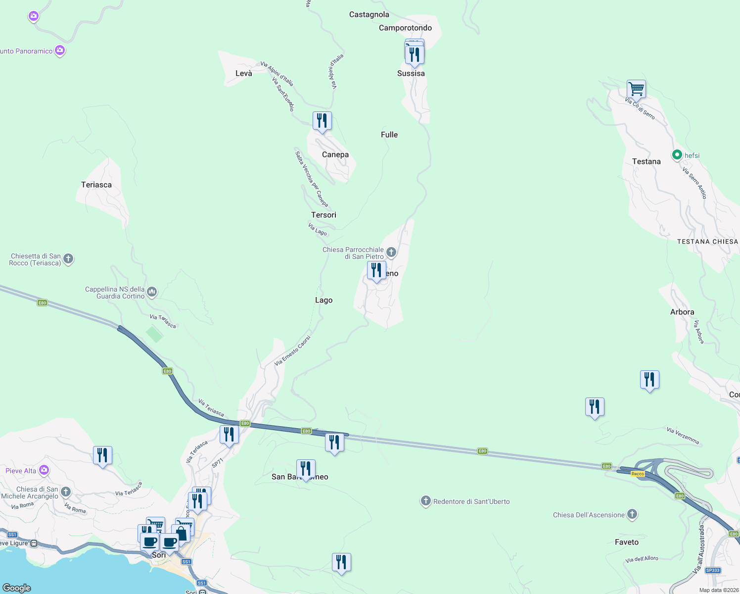 map of restaurants, bars, coffee shops, grocery stores, and more near 10 Via Bergamini in Capreno