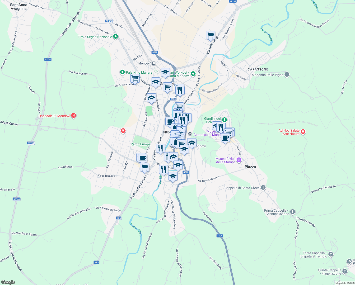 map of restaurants, bars, coffee shops, grocery stores, and more near 18a Corso Statuto in Mondovì