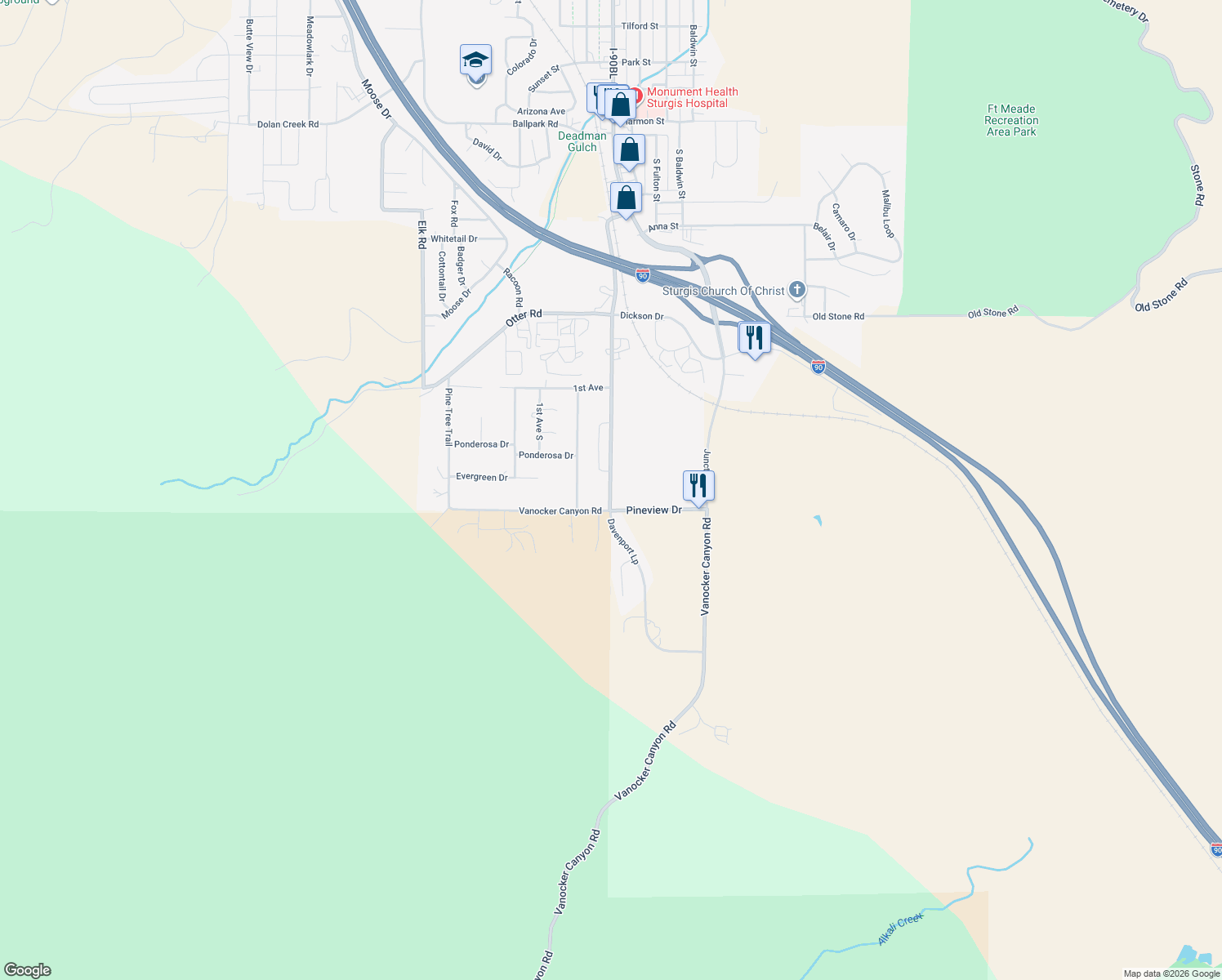 map of restaurants, bars, coffee shops, grocery stores, and more near 3180 Vanocker Road in Sturgis